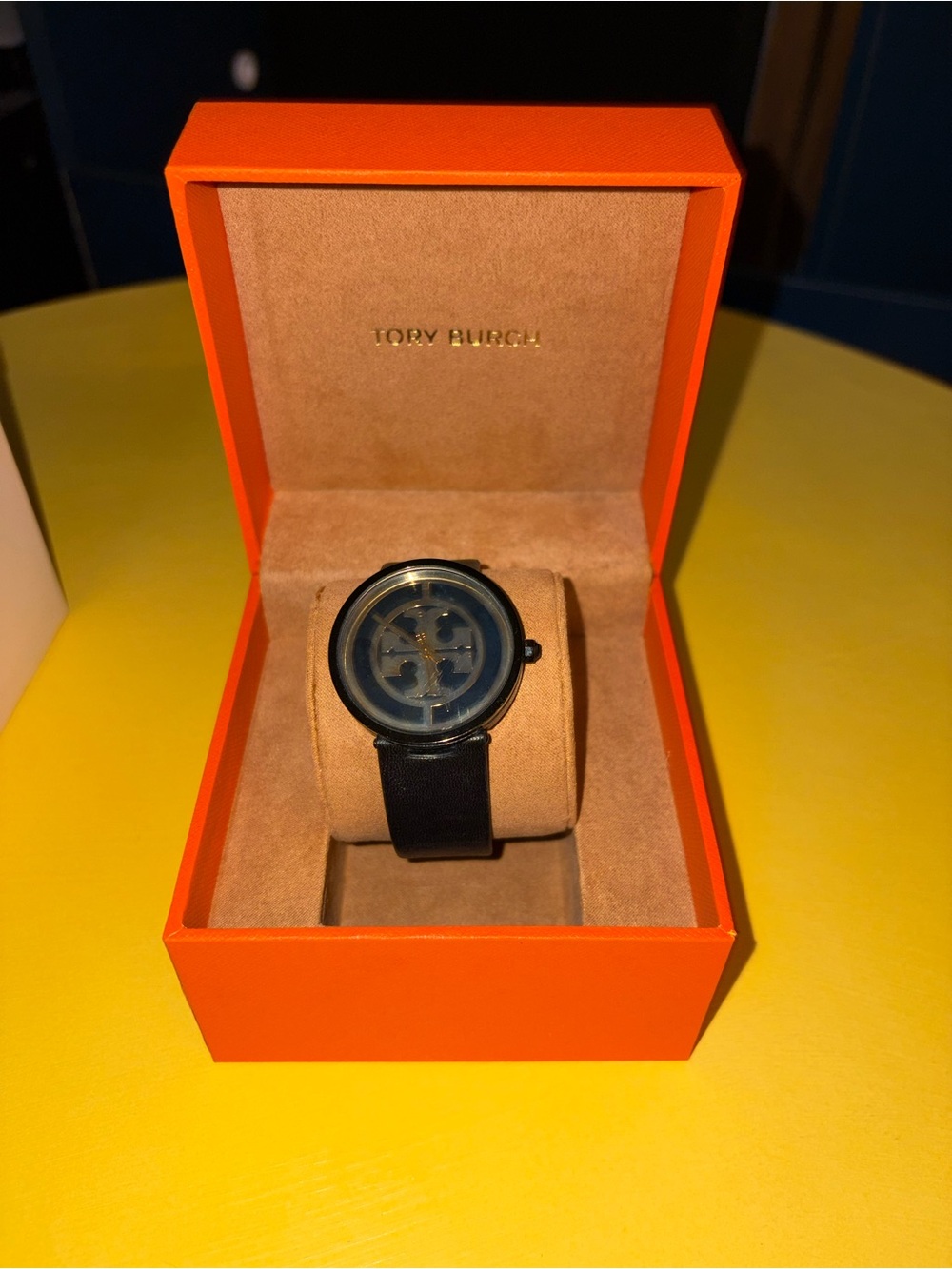 Tory Burch Reva Black Leather Gold Wristwatch w/ Box